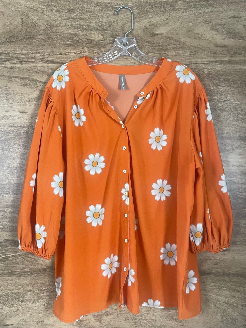 Noracora Orange Daisy Blouse Womens XXL Floral Button Down Long Sleeve Top